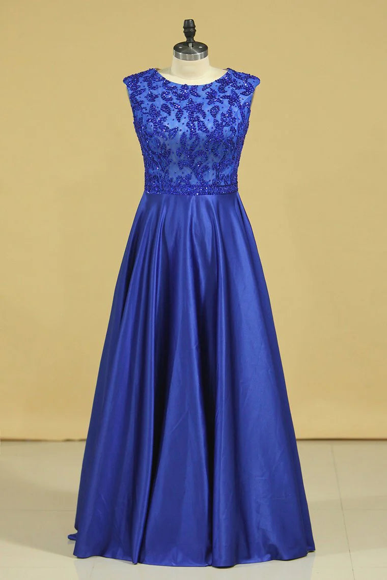 A Line Party Dresses Scoop Dark Royal Blue Satin Cap Sleeves Floor-Length